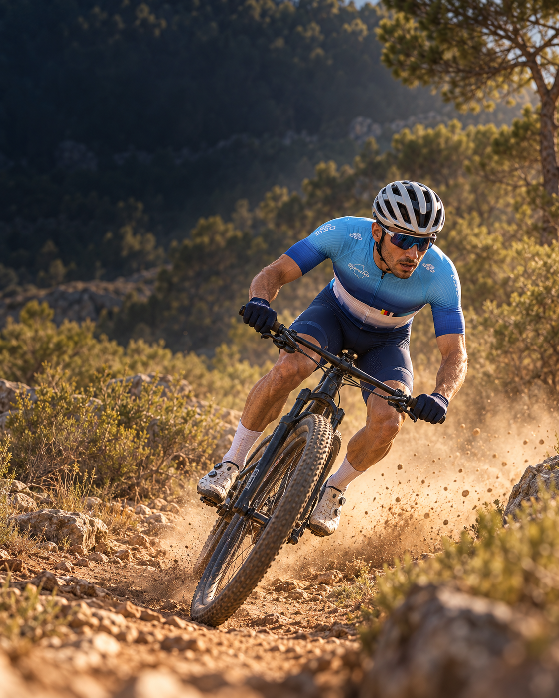 Corredores de mountain bike con equipación azul y blanca en una prueba BTT en Mallorca