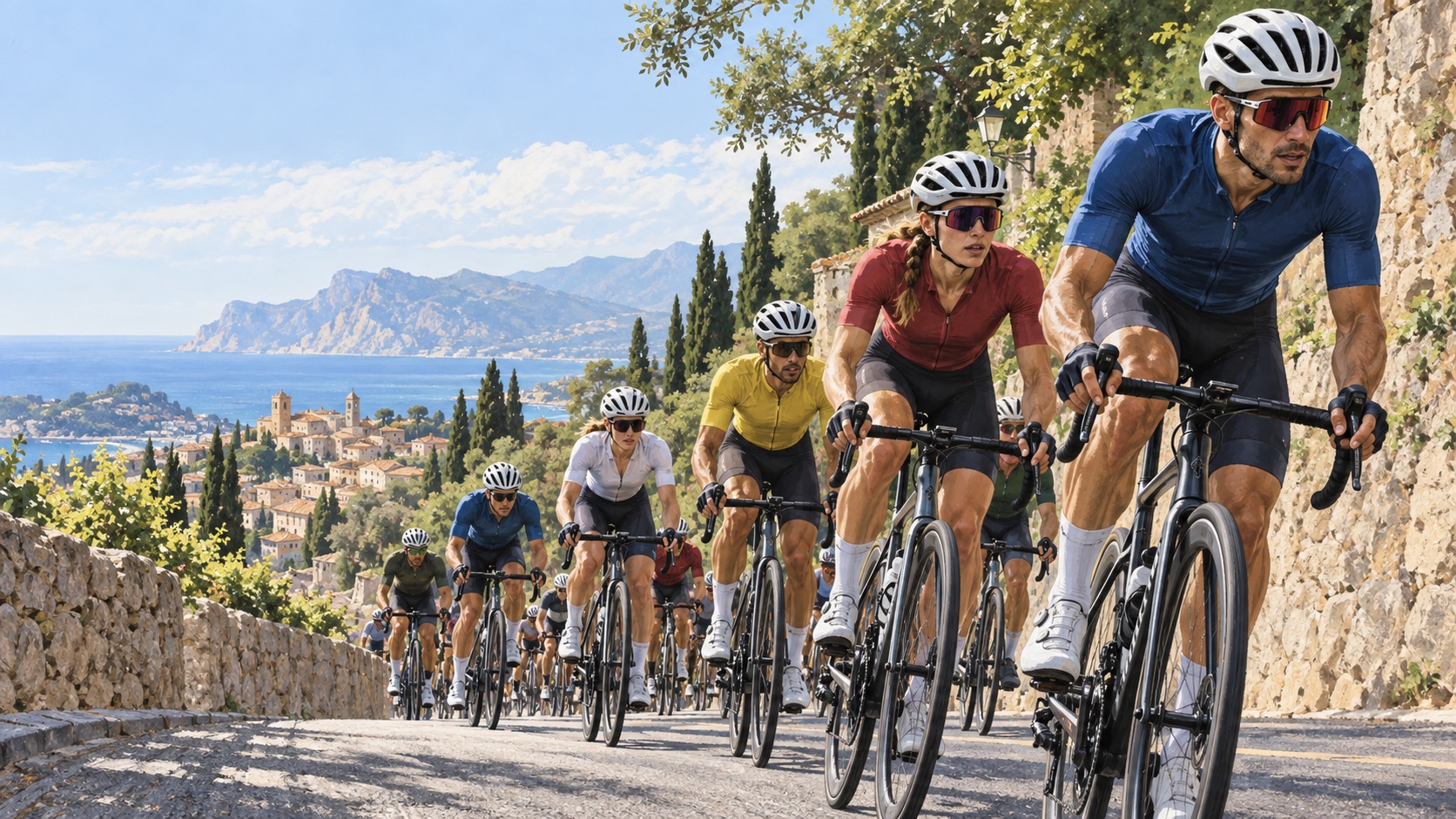 Pelotón ciclista subiendo por una carretera mediterránea de Mallorca