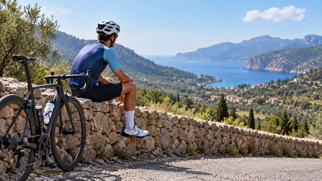 Ciclista de carretera descansando junto a su bicicleta ante un paisaje de Mallorca