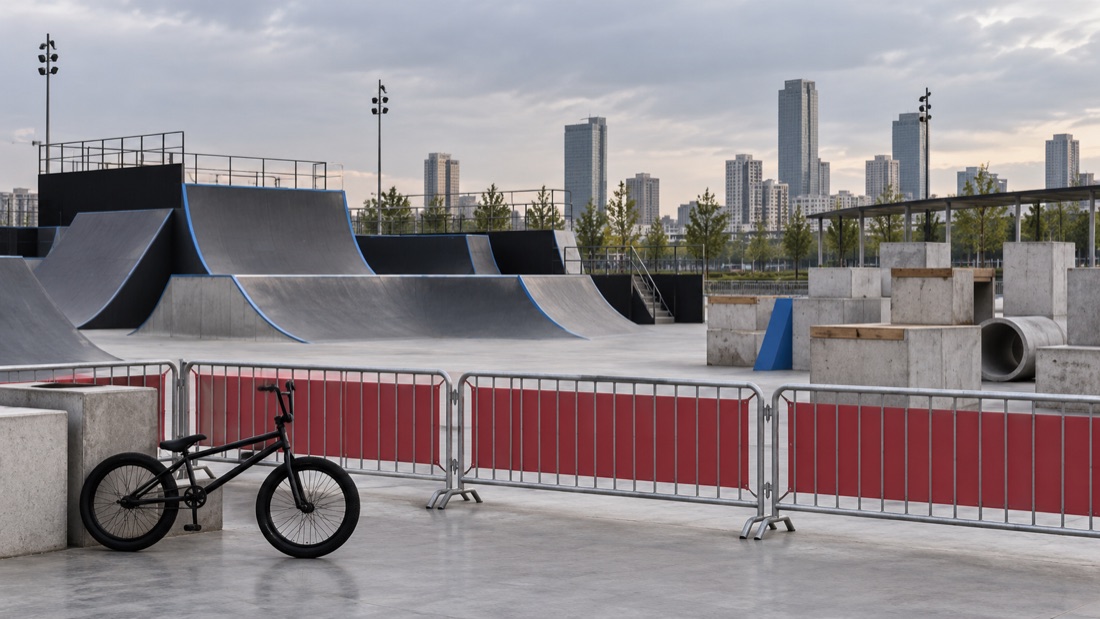 Circuito urbano de BMX y trial vacío detrás de unas vallas