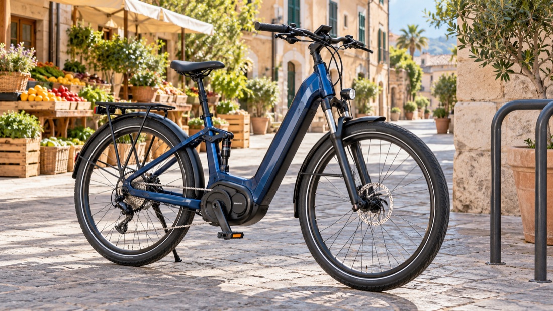 Bicicleta eléctrica urbana de cuadro bajo y doble suspensión en una calle mediterránea