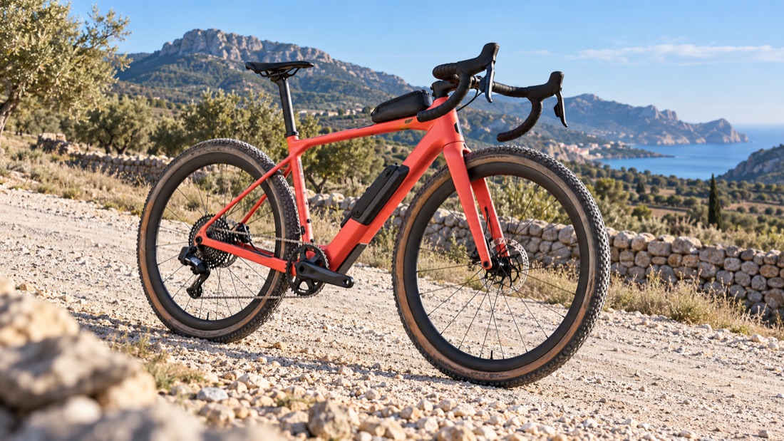 Bicicleta de gravel roja sobre una pista de tierra de Mallorca